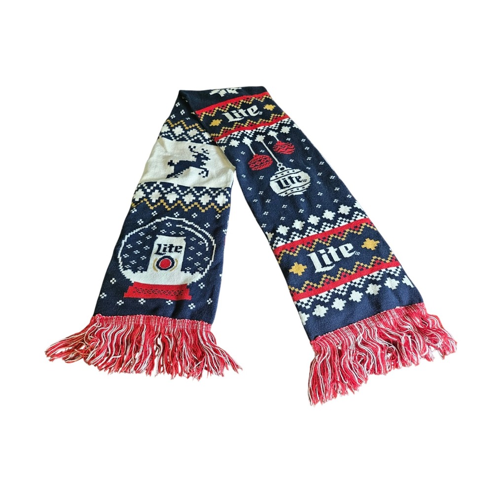 Miller Lite Scarf Adult One Size Blue Holiday Ugly Christmas Sweater Knit Fringe